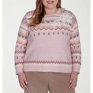 Alfred Dunner Plus Telluride Women's Size 3X Sweater Crew Neck Pink White Winter